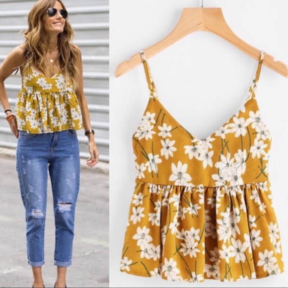Tops - MUSTARD FLORAL PRINTED SPAGHETTI STRAP BABYDOLL TOP